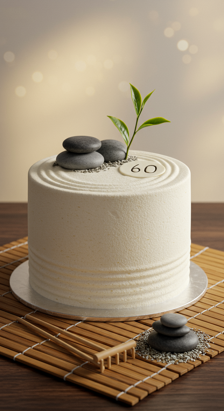 Weiße Torte im Zen-Garten-Stil mit Steinen und einem grünen Zweig.