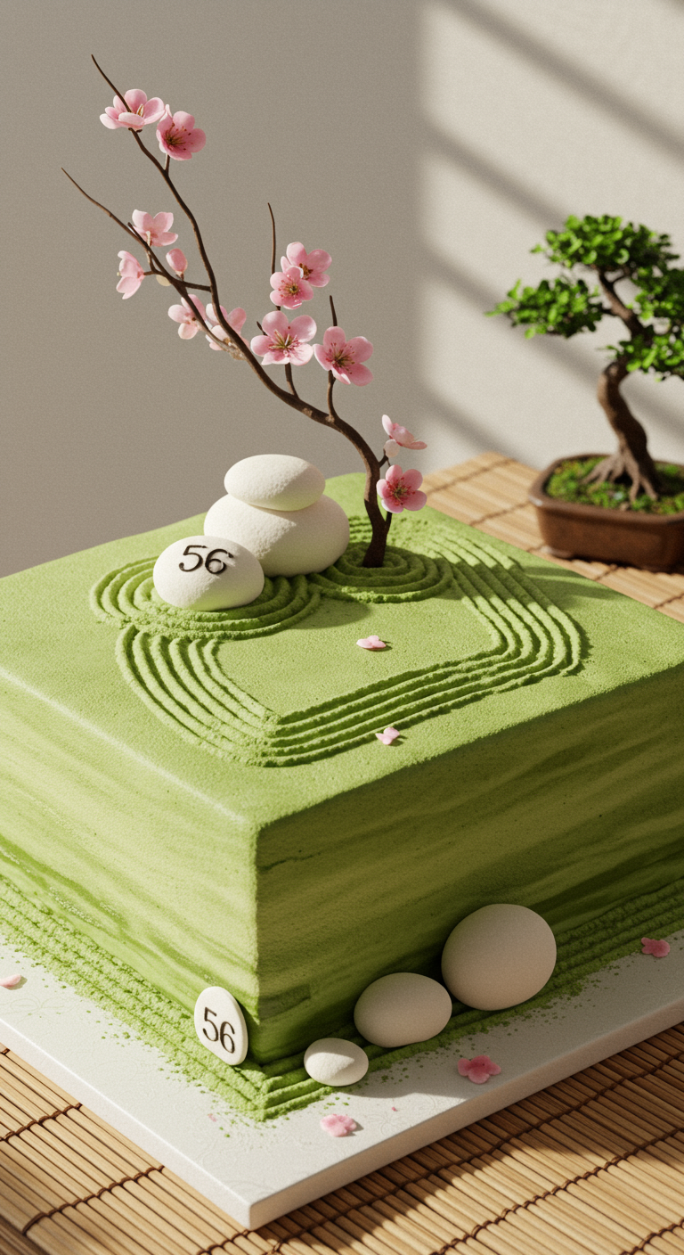 Quadratische grüne Matcha-Torte, die einen Zen-Garten mit Steinen und Kirschblütenzweig darstellt.