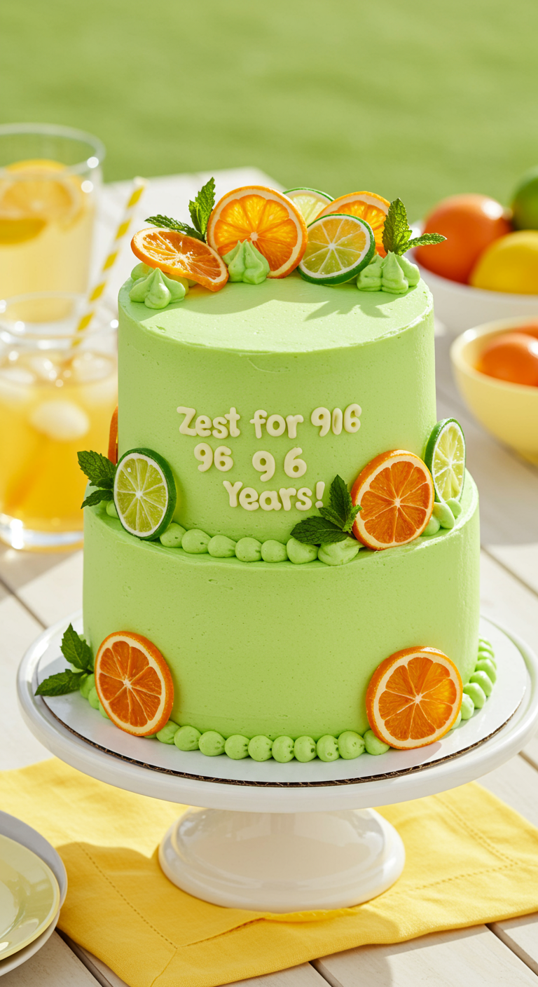 Zweistöckige hellgrüne Torte mit Zitronenscheiben und Minze dekoriert.