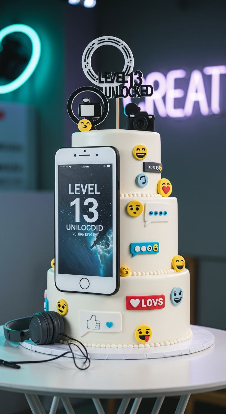 Mehrstöckige weiße Torte mit Smartphone-Bildschirm, Emojis und Social-Media-Icons.