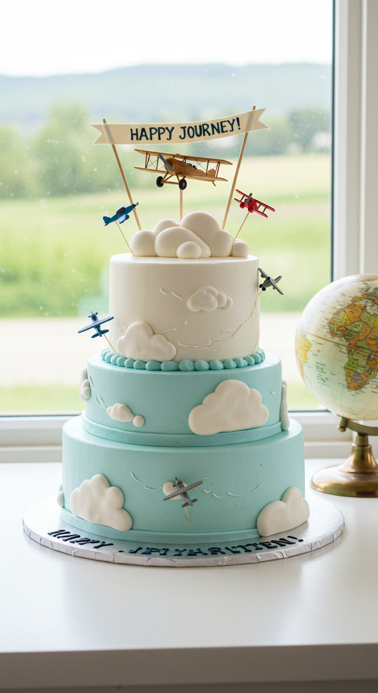 Dreistöckige Torte in Hellblau und Weiß mit Wolken und Flugzeug-Deko.