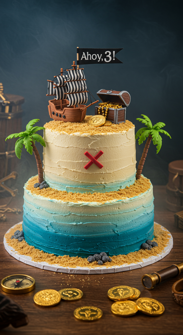 Zweistöckige Piraten-Torte mit Schatzkarte, Schiff und Goldmünzen.