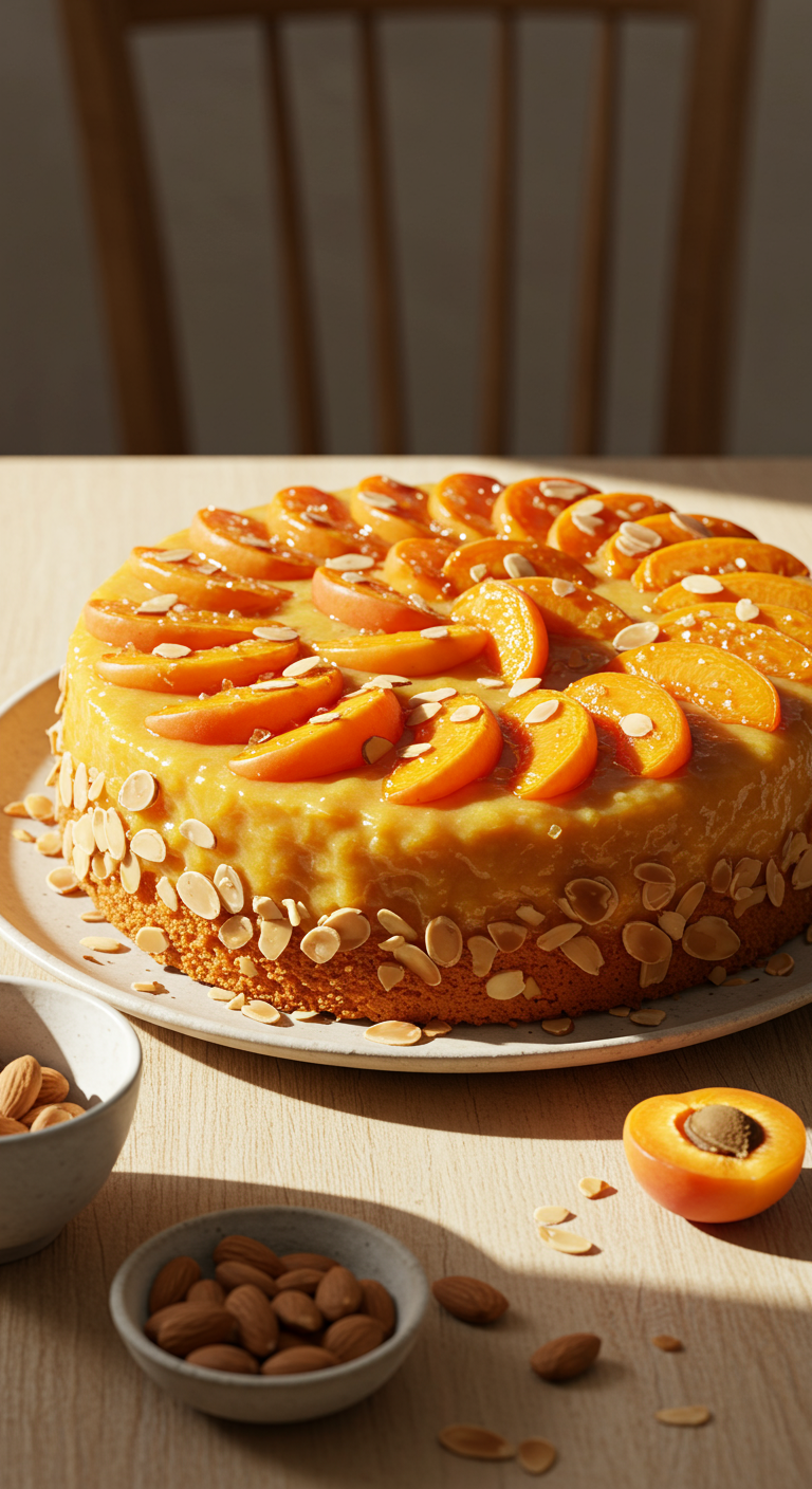 Aprikosenkuchen mit Mandelblättchen und glänzender Oberfläche.