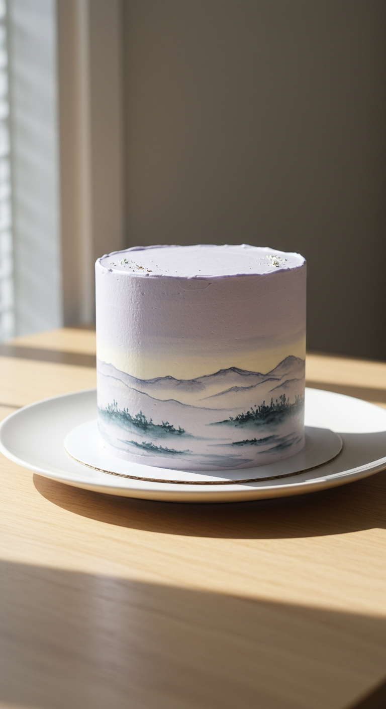 Helllila Torte mit gemalter Berglandschaft in Pastelltönen.