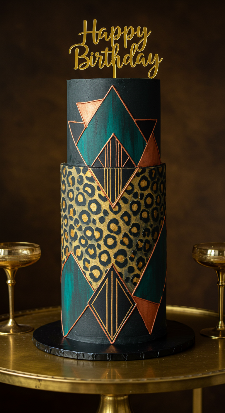 Zweistöckige Torte in Schwarz und Petrol mit goldenem Leopardenmuster und Art-Déco-Elementen.