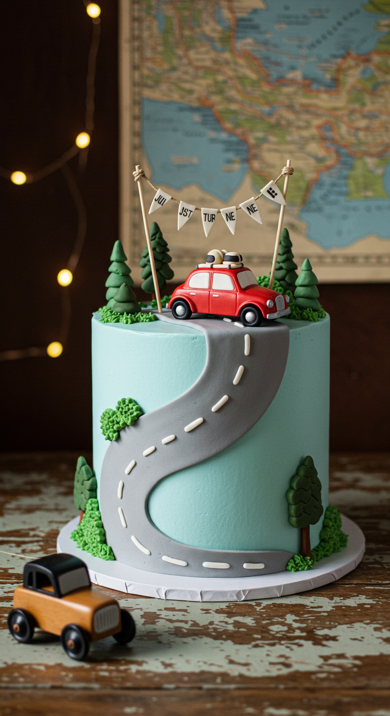 Hellblaue Torte mit Straße, Spielzeugauto-Topper und Fondant-Bäumen.