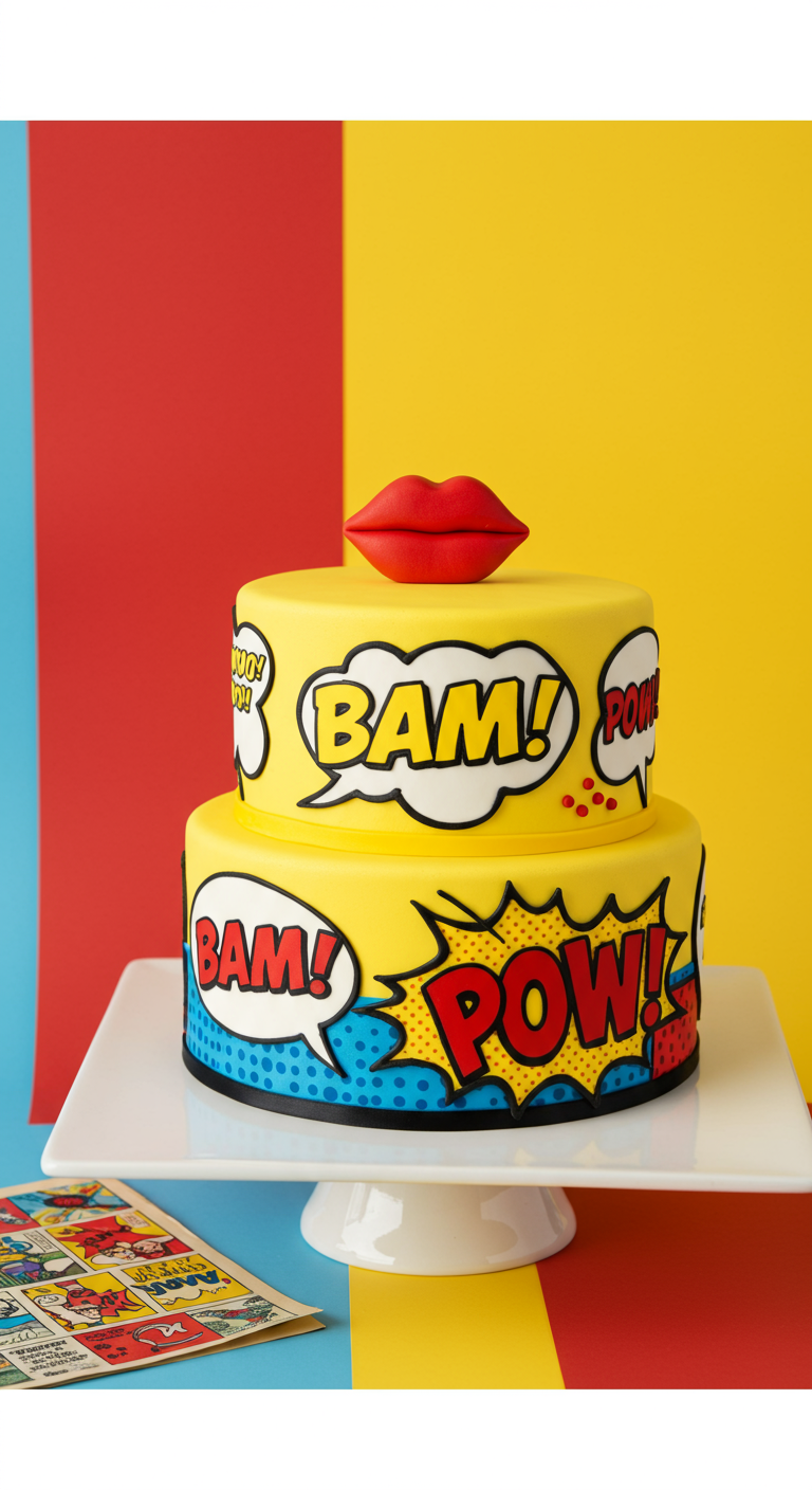 Zweistöckige gelbe Torte mit Comic-Sprechblasen (