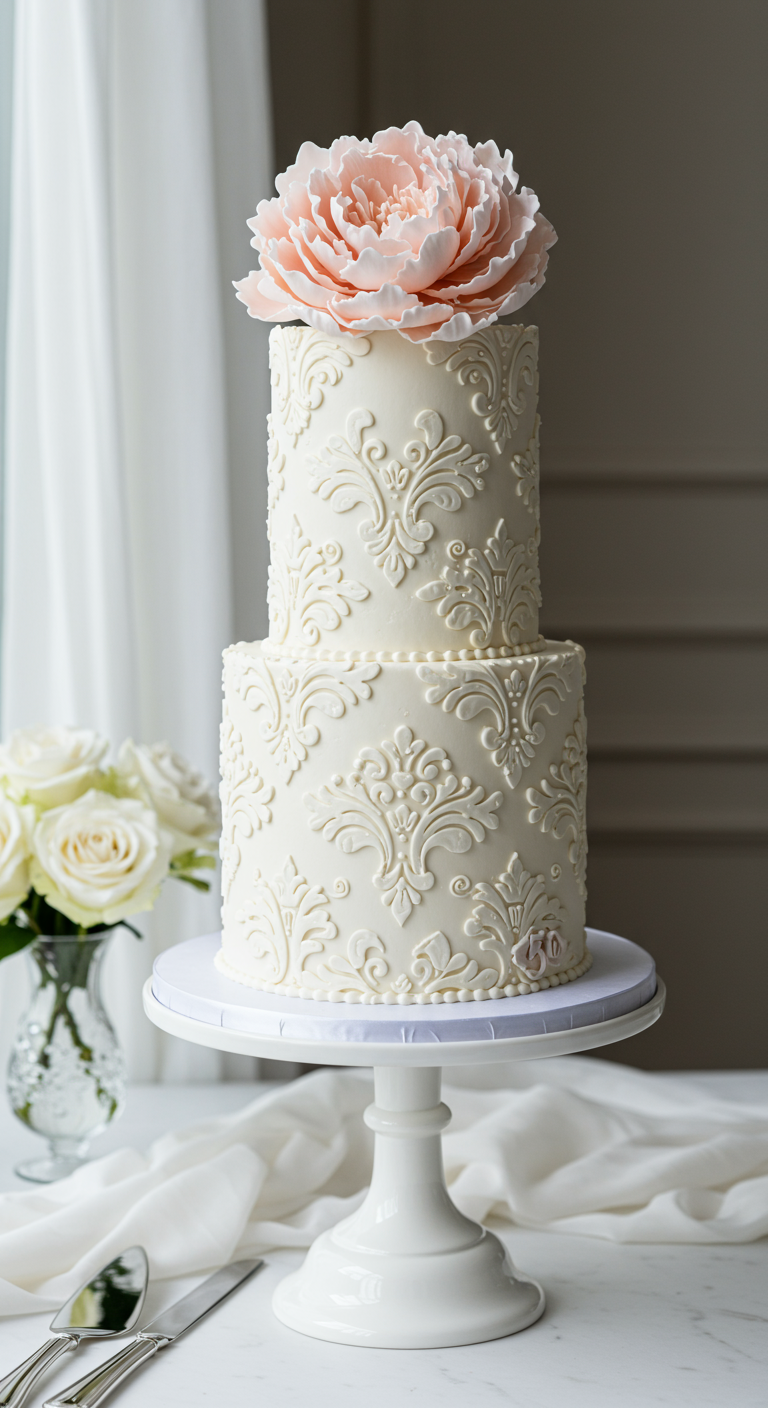Zweistöckige cremeweiße Torte mit barocken Ornamenten und großer Pfirsich-Zuckerblume.