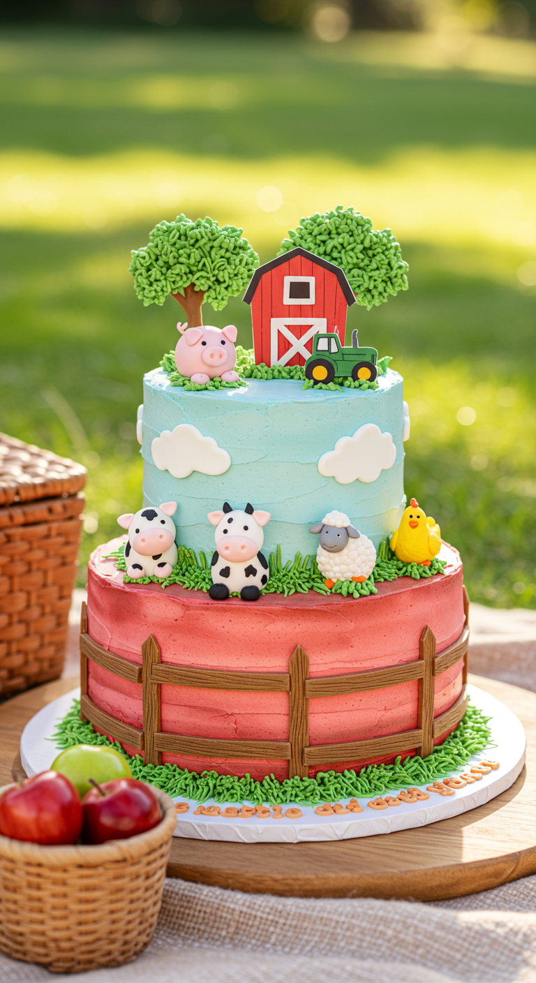Zweistöckige Bauernhof-Torte mit Tieren, Stall und Zaun