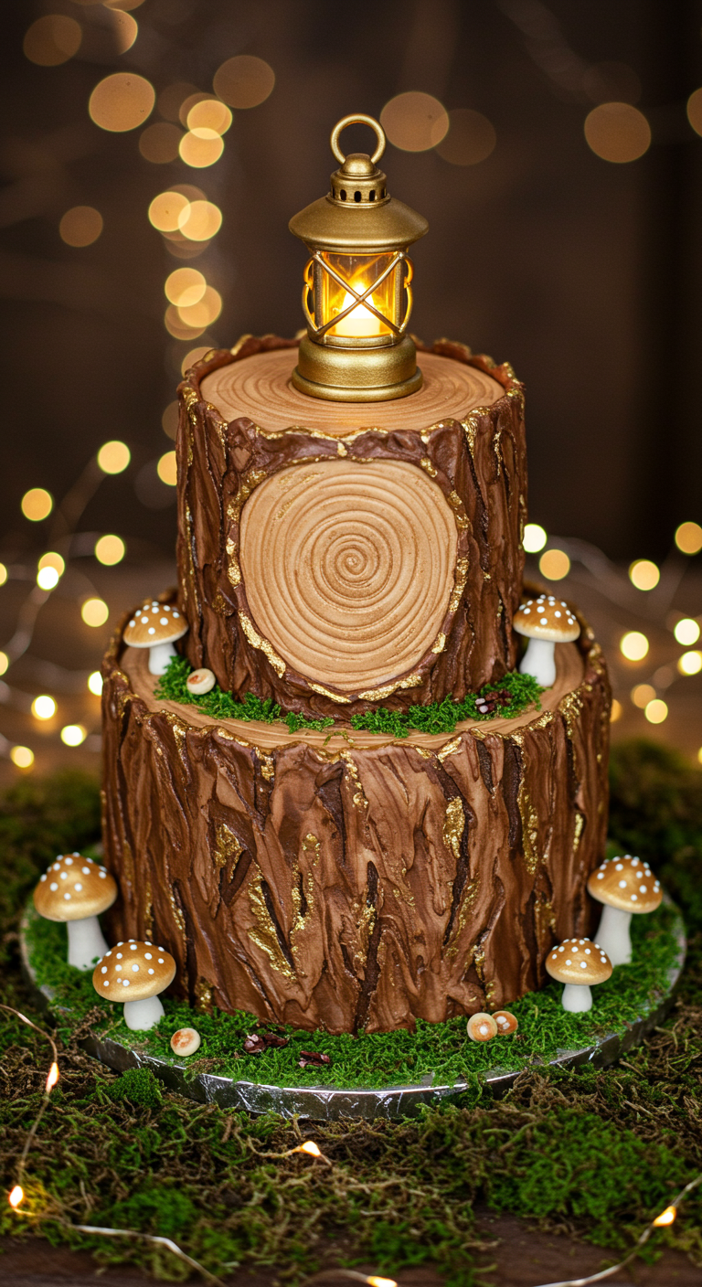 Zweistöckige Baumstamm-Torte mit Pilzen und kleiner Laterne.