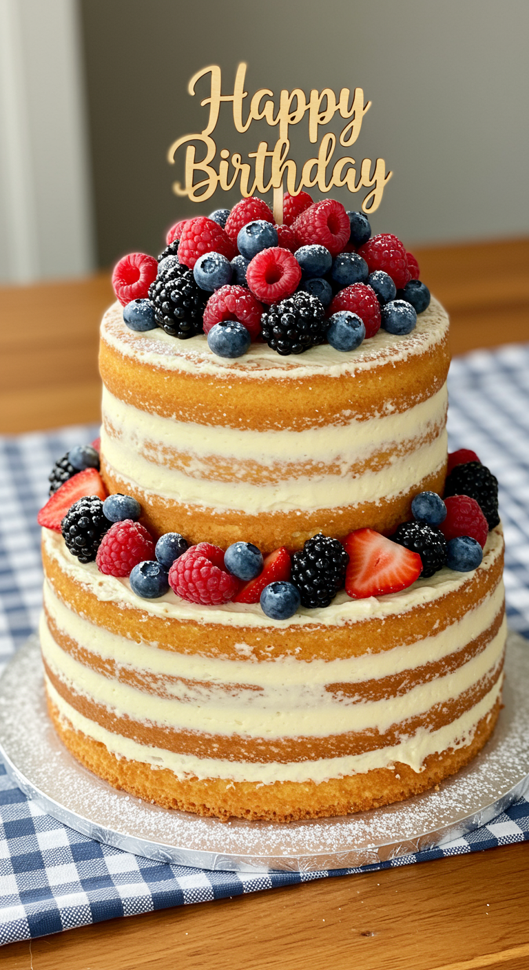 Zweistöckiger Naked Cake mit viel Buttercreme zwischen den Schichten und frischen Beeren als Deko.