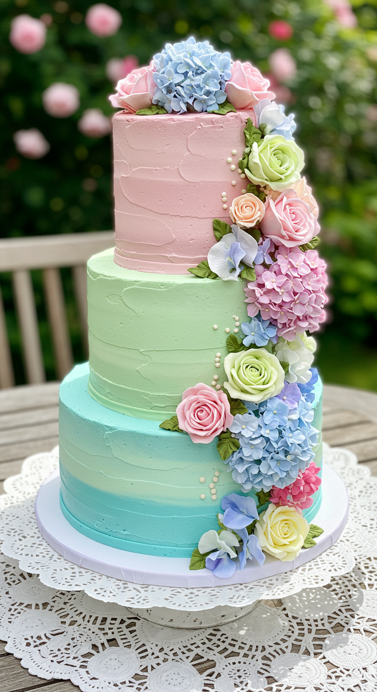Dreistöckige Pastelltorte mit einer Kaskade aus echten oder Zuckerblumen.