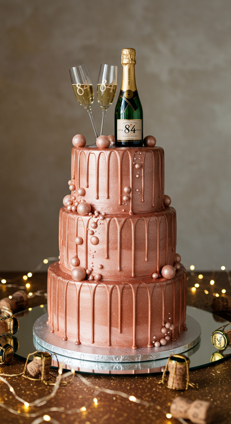 Dreistöckige roségoldene Torte mit Champagnerflasche und Gläsern als Topper.