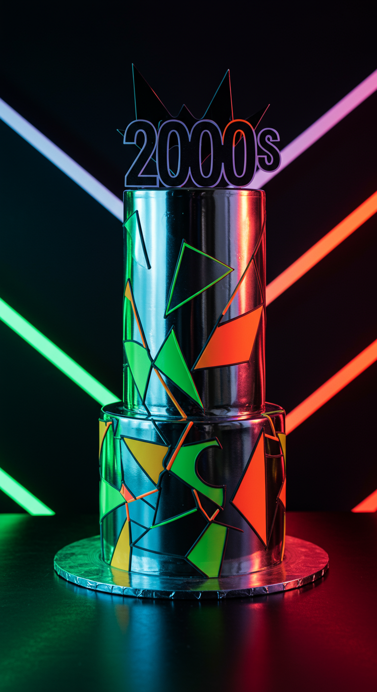 Zweistöckige Chrom-Torte mit neonfarbenen geometrischen Splittern und „2000s“ Topper.