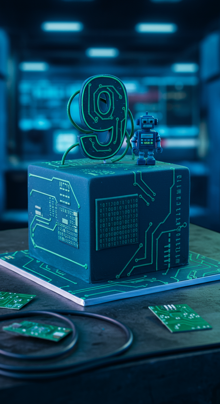 Quadratische Hacker-Torte in Dunkelblau mit grünen Leiterbahnen, Binärcode und Roboterfigur.