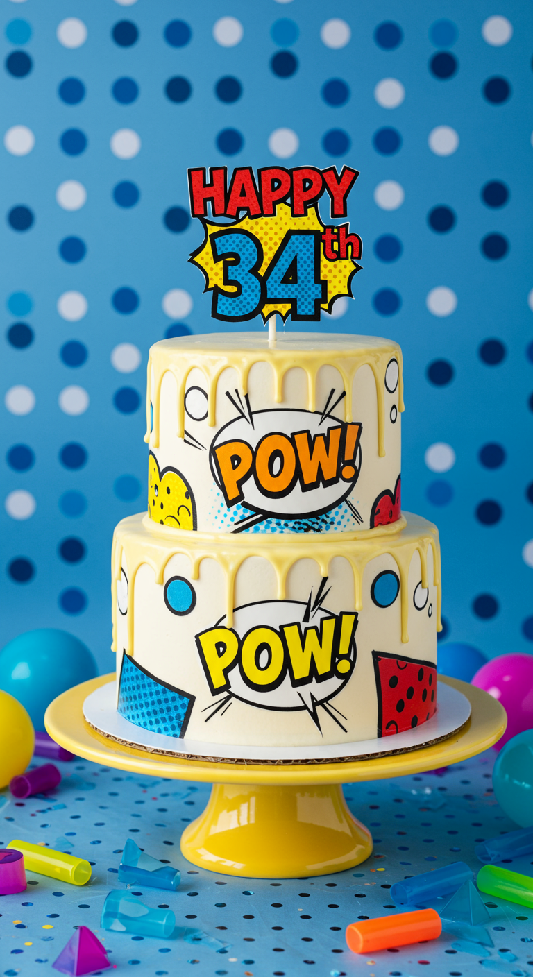 Zweistöckige Torte im Comic-Stil mit „POW!“-Sprechblasen und „Happy 34th“-Topper.