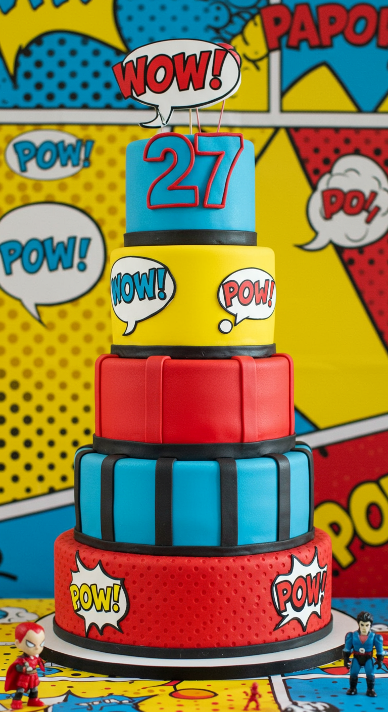 Mehrstöckige Torte im Comic-Stil mit Sprechblasen wie POW und WOW.