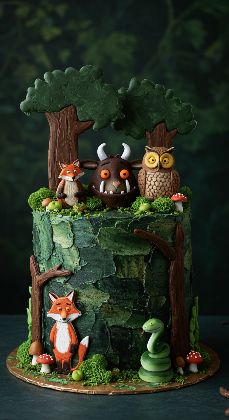 Grüffelo Torte mit Waldmotiven, Grüffelo-, Fuchs-, Eulen- und Schlangenfiguren.