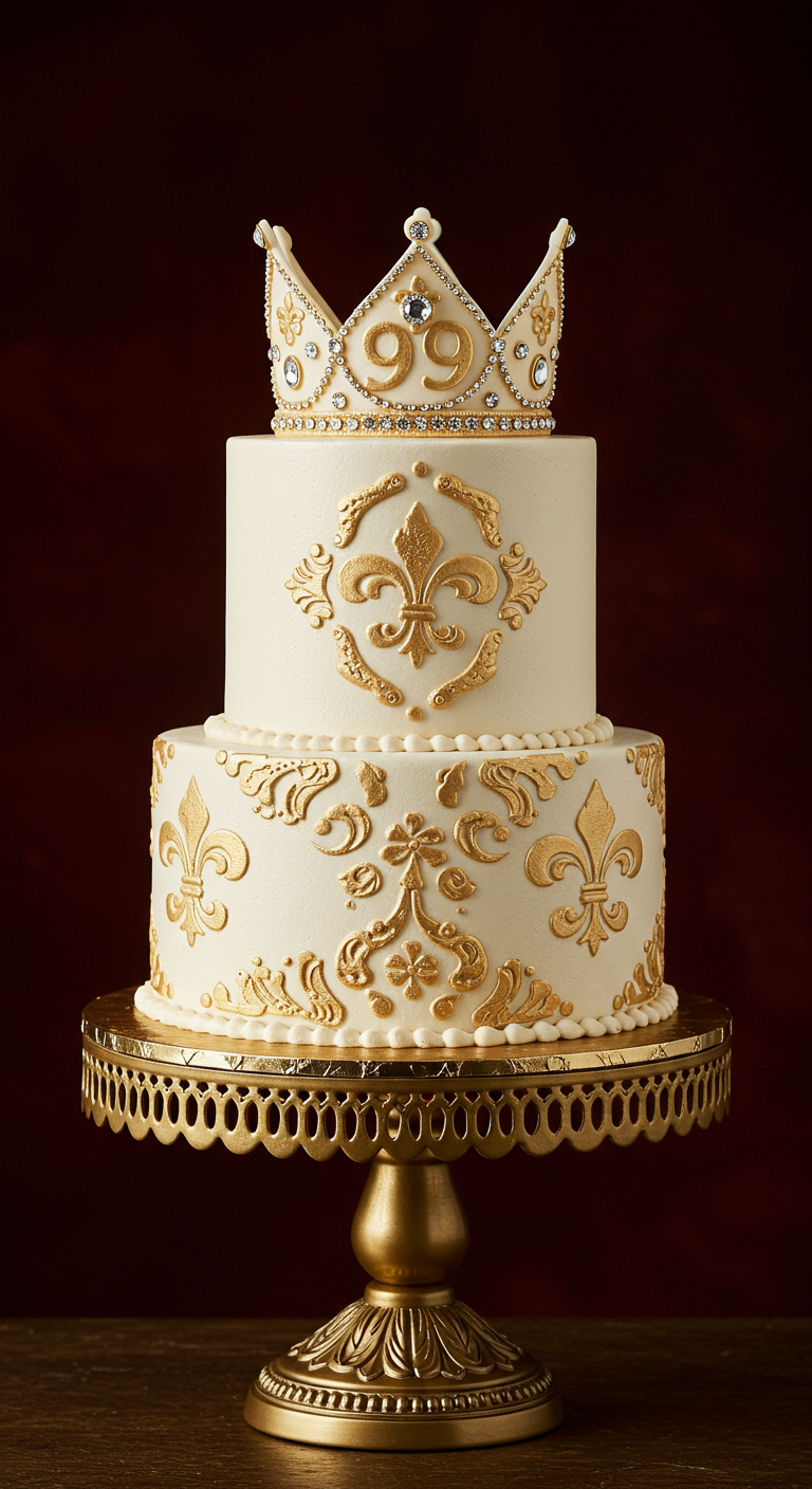 Zweistöckige weiße Torte mit goldenen Verzierungen und einer Krone als Topper.