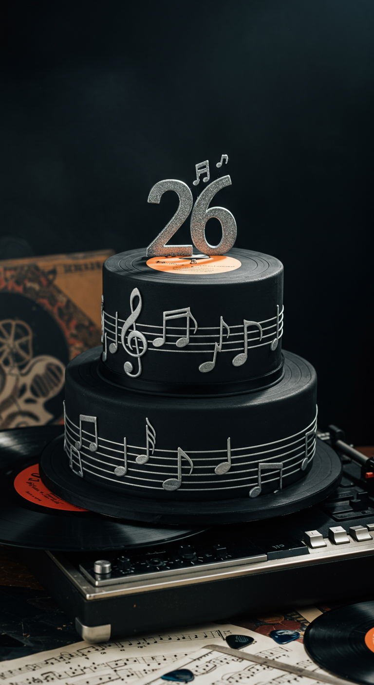 Schwarze zweistöckige Torte mit Musiknoten und Glitzer-Zahl 26.