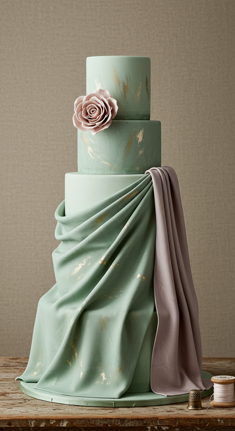 Dreistöckige Torte in Salbeigrün, teilweise mit altrosa Fondant-Stoff drapiert, eine Zuckerrose.