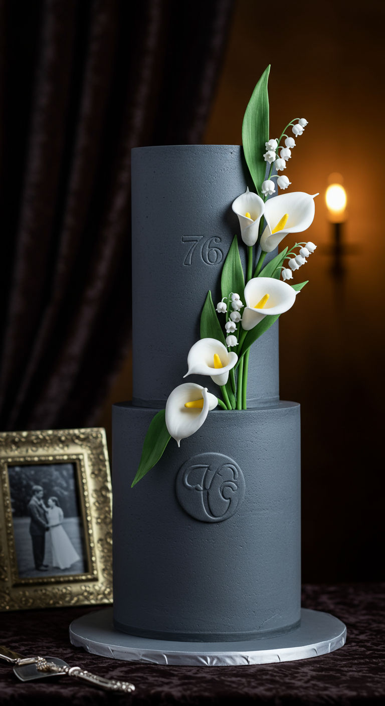 Dunkelgraue Torte mit weißen Calla- und Maiglöckchen-Zuckerblumen.
