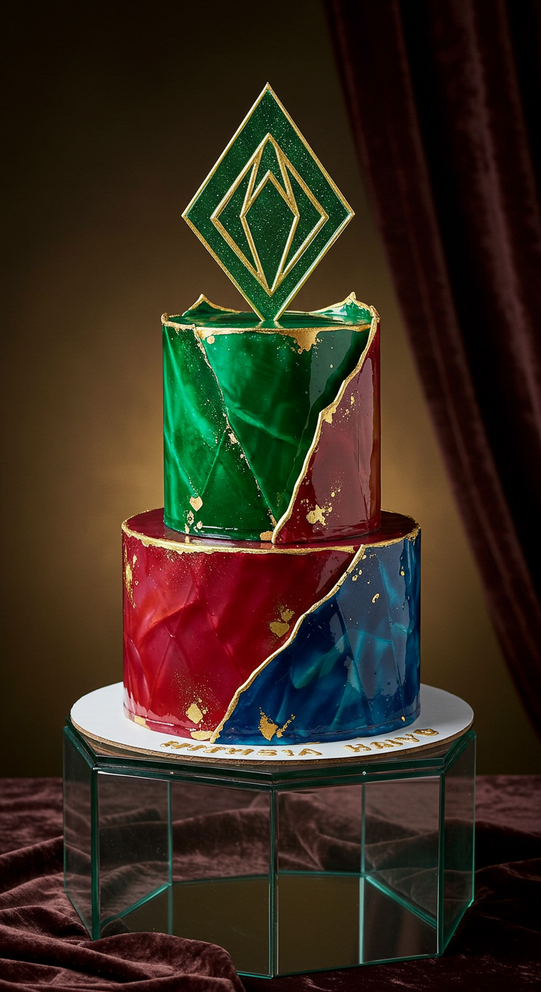 Zweistöckige Torte mit glänzenden, edelsteinartigen Abschnitten in Grün, Rot, Blau und Gold.