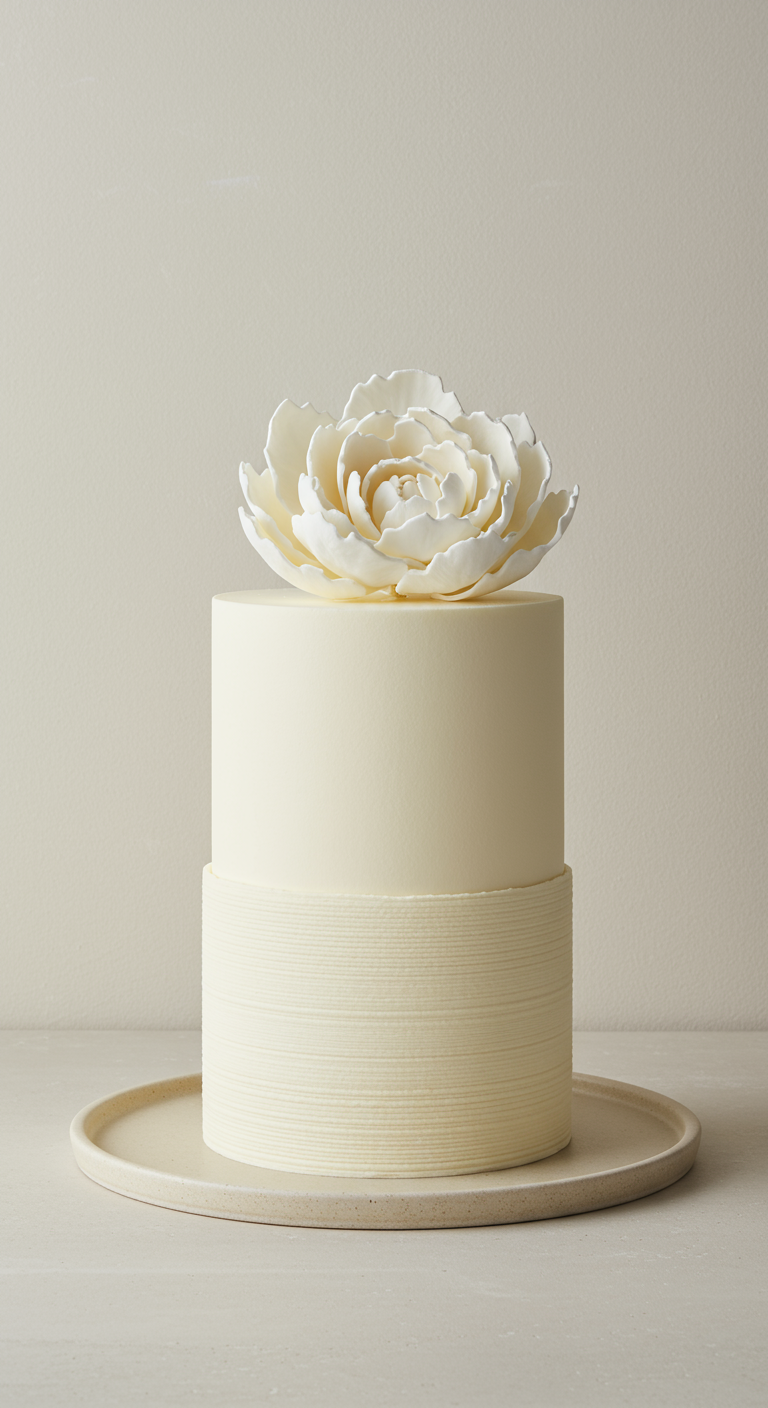Zweistöckige elfenbeinfarbene Torte, untere Etage gerillt, obere glatt, mit einer großen weißen Zuckerblume.
