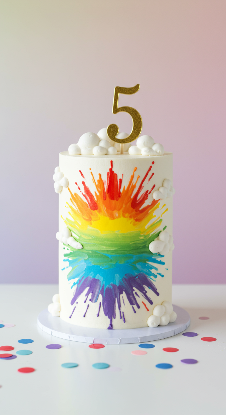 Weiße Torte mit buntem Regenbogen-Farbspritzer-Effekt und Wolken.