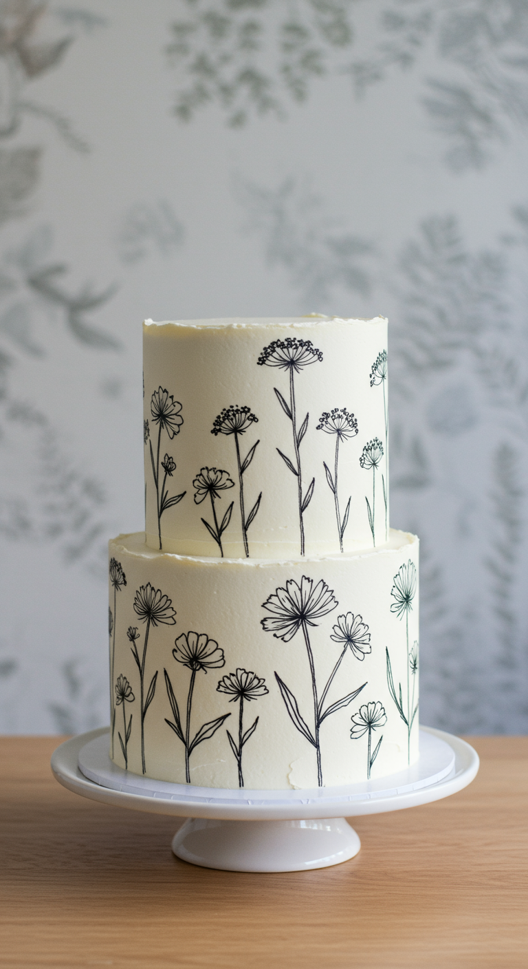 Zweistöckige weiße Torte mit feinen schwarzen Wiesenblumen-Zeichnungen.