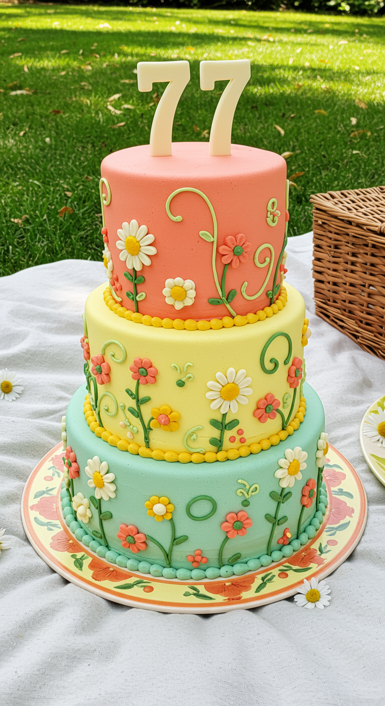 Dreistöckige Torte in Pastellfarben (Koralle, Gelb, Mint) mit Gänseblümchen-Deko.
