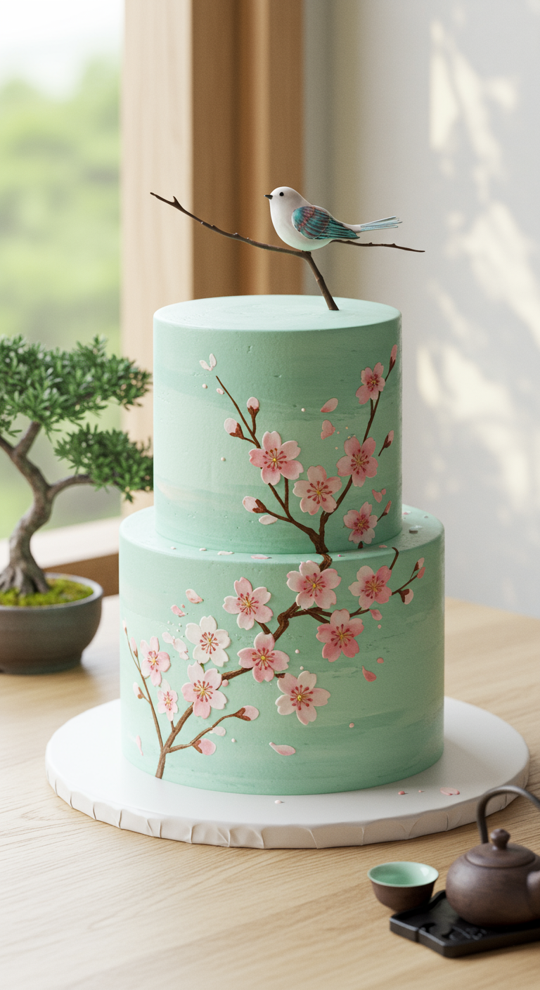 Zweistöckige mintgrüne Torte mit gemalten Kirschblütenzweigen und einem kleinen Vogel.