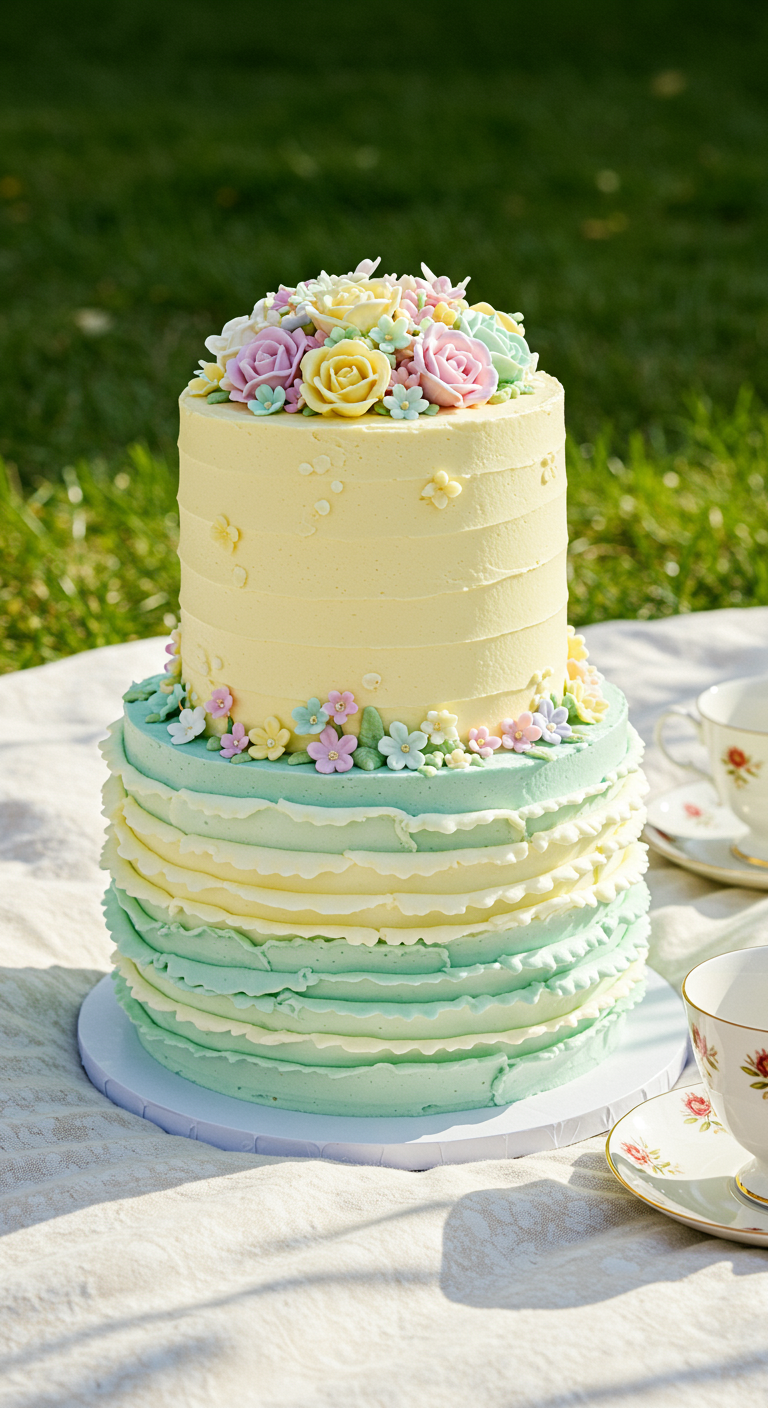 Zweistöckige Torte in Pastellgelb und -grün mit Zuckerblumen.
