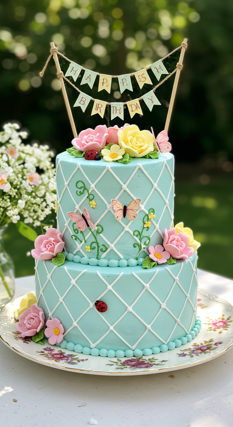Zweistöckige hellblaue Torte mit Rautenmuster, Zuckerblumen, Schmetterlingen und