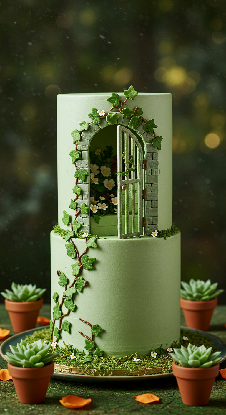 Zweistöckige grüne Torte mit einer geöffneten Gartentür, die kleine Blüten enthüllt.