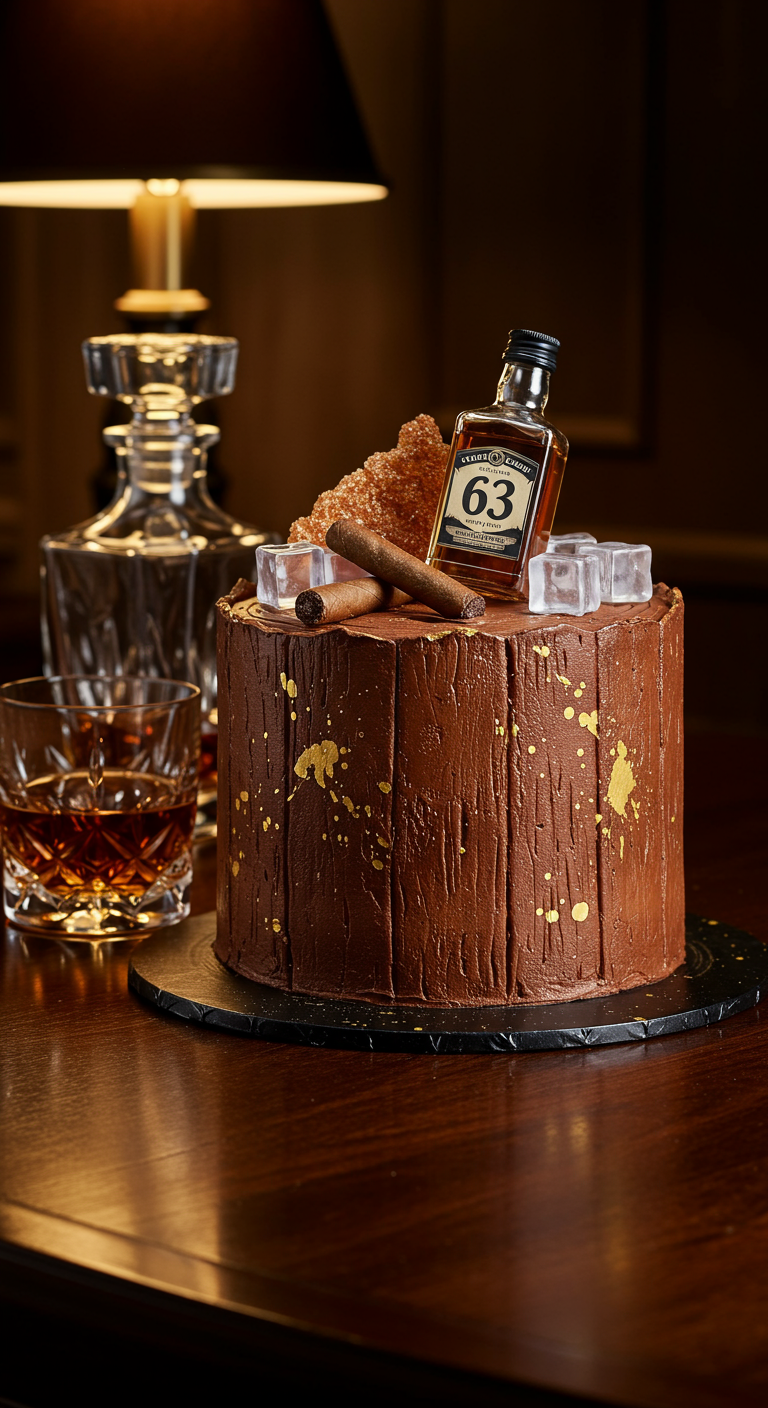 Schokoladentorte mit Whiskey-Fläschchen, Schoko-Zigarren und goldenen Spritzern.