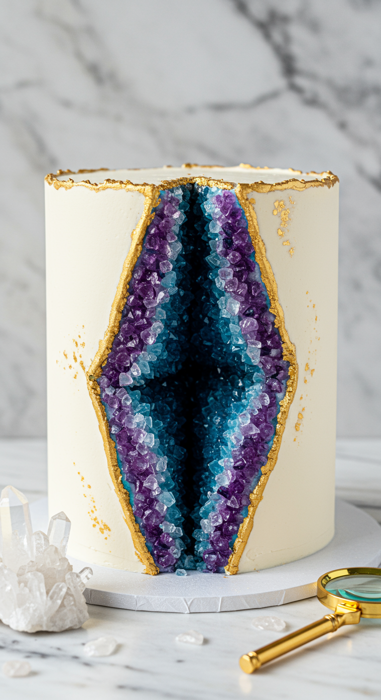 Hohe weiße Torte mit einem Ausschnitt, der mit lila und blauen Zuckerkristallen gefüllt ist.