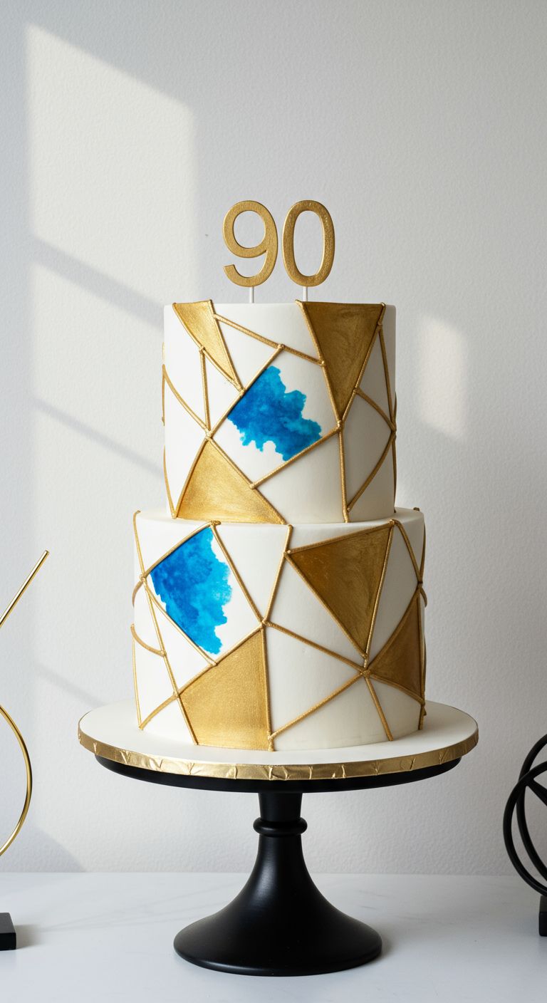 Zweistöckige weiße Torte mit goldenen geometrischen Linien und blauen Aquarell-Akzenten.