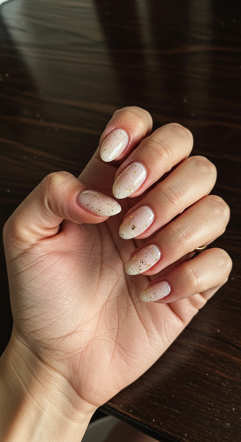 Ovale, milchig-weiße Nude-Nägel mit goldenen Flocken.