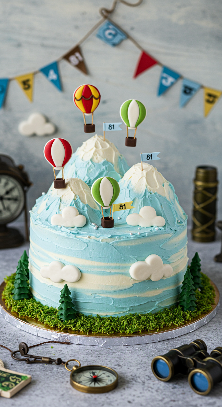 Torte in Bergform mit Heißluftballon-Toppern und Fähnchen.