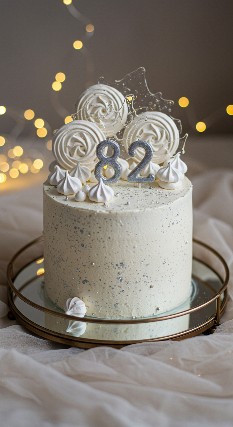 Weißer Kuchen mit silbernem Glitzer, Baisertupfen und -spiralen, silberne Zahl 82.