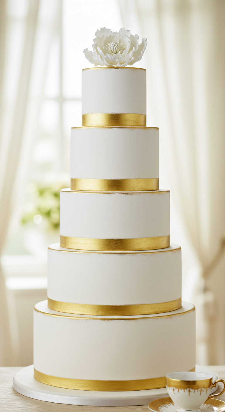 Hohe, fünfstöckige weiße Torte mit breiten Goldbändern und weißer Blüte.