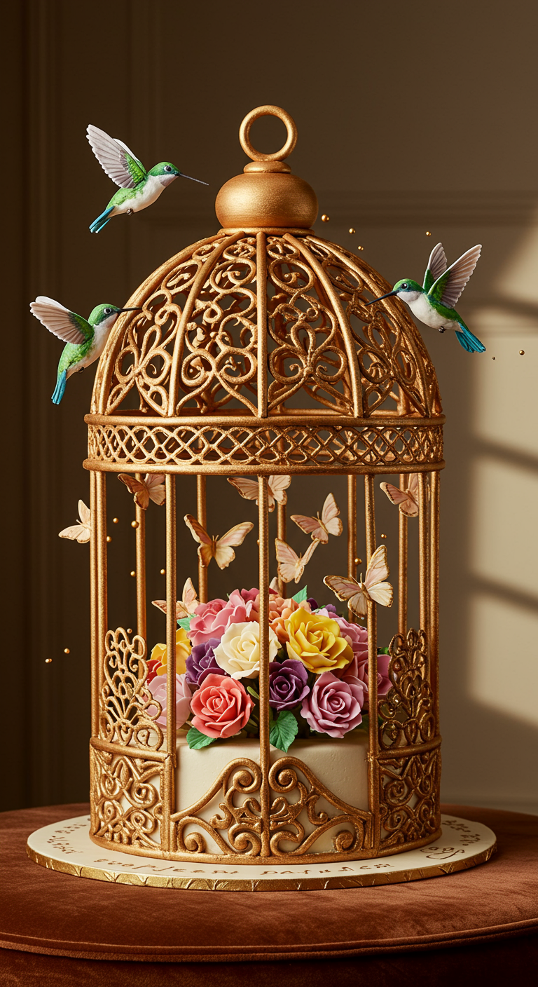 Torte in einem goldenen Vogelkäfig, gefüllt mit bunten Zuckerblumen.