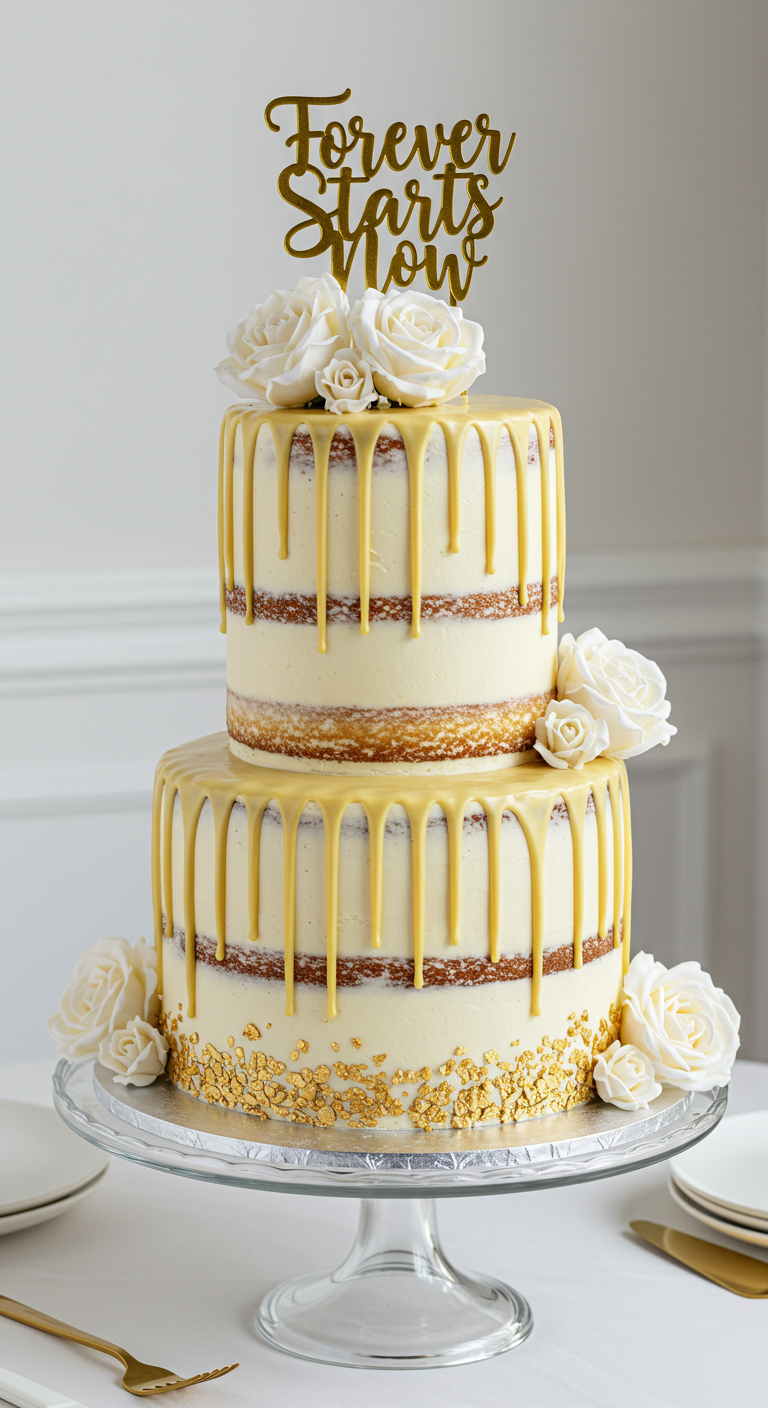 Naked Cake mit gelbem Drip, weißen Rosen und Goldakzenten.