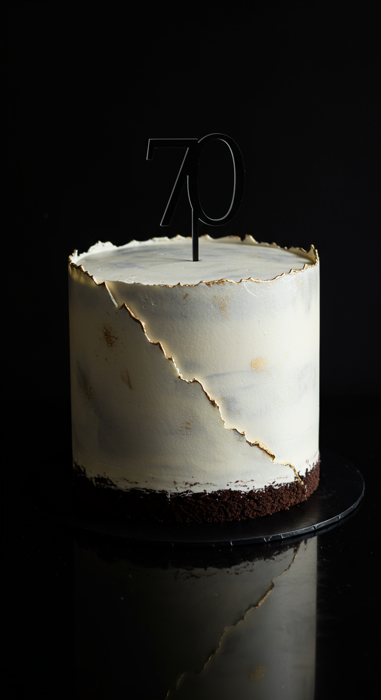 Einstöckige weiße Torte mit einer abgerissenen Kante, die golden bemalt ist.