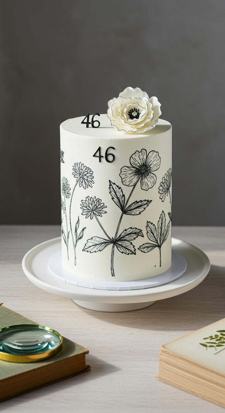 Hohe weiße Torte mit schwarzen, skizzierten Blumen und Zahlen