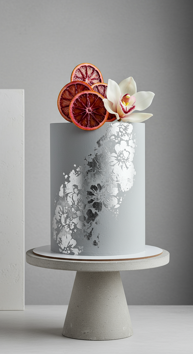 Graue Torte mit floralem Silberblatt-Design, getrockneten Blutorangenscheiben und weißer Orchidee.