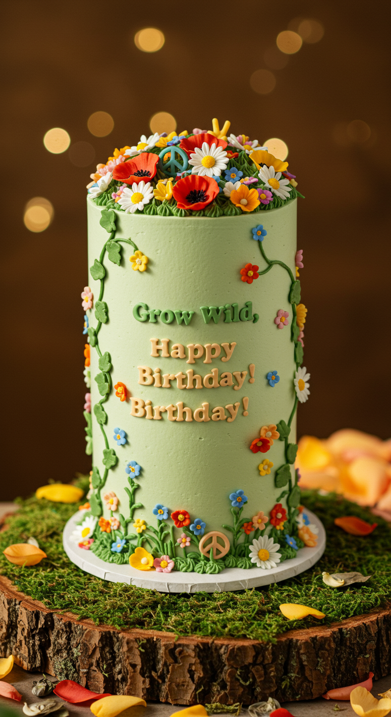 Grüne Torte mit bunten Blümchen und Schriftzug „Grow Wild, Happy Birthday!“.