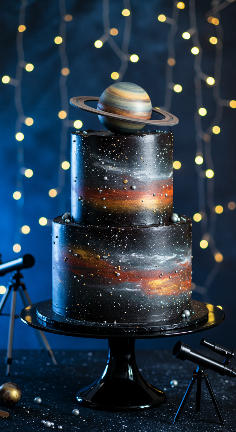 Zweistöckige Galaxy-Torte mit Saturn-Planeten-Topper und Sternenstaub.