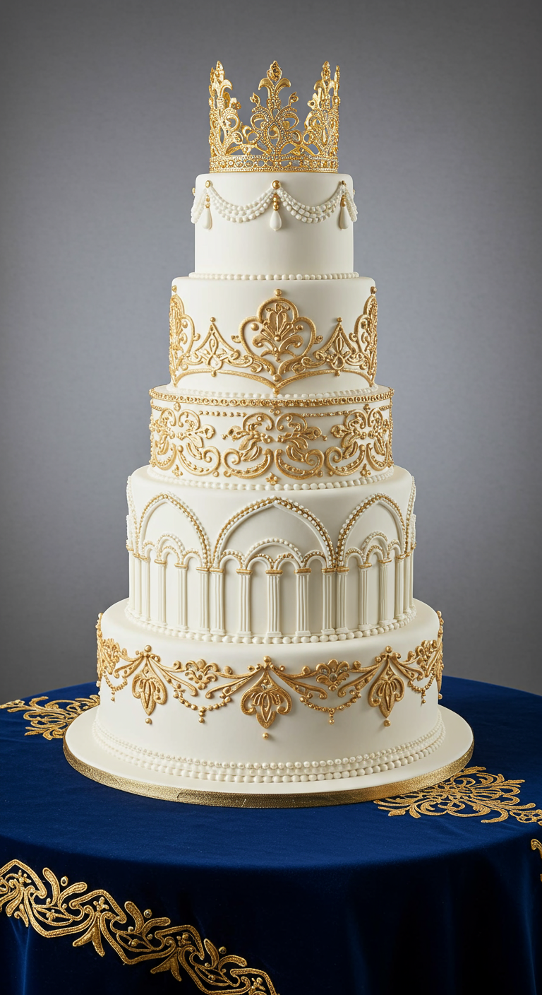 Prächtige weiße Torte mit goldenen Ornamenten und einer Krone